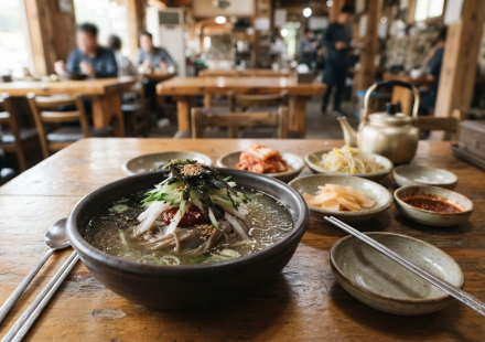 봉평메밀국수 이름 뜻 여행지 식당 상에 놓인 메밀국수와 반찬
