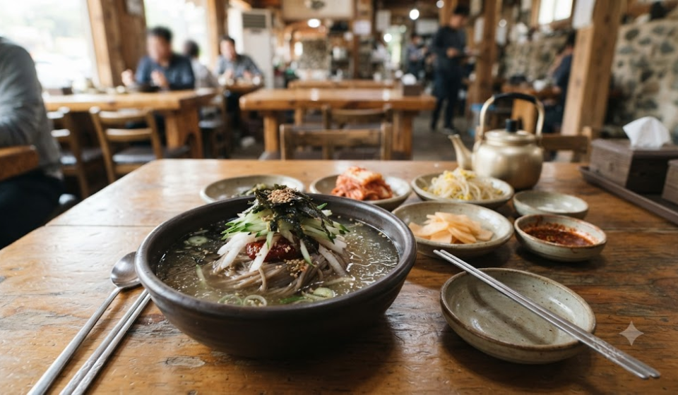 봉평메밀국수 이름 뜻 여행지 식당 상에 놓인 메밀국수와 반찬