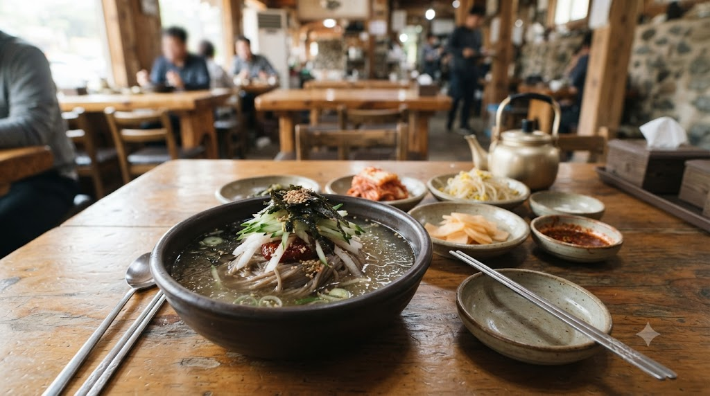 봉평메밀국수 이름 뜻 여행지 식당 상에 놓인 메밀국수와 반찬