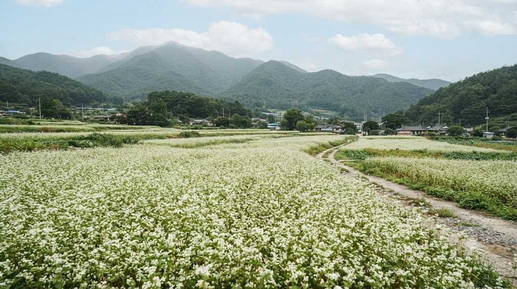 봉평메밀국수 이름 뜻 메밀꽃이 넓게 핀 산촌 들판 풍경
