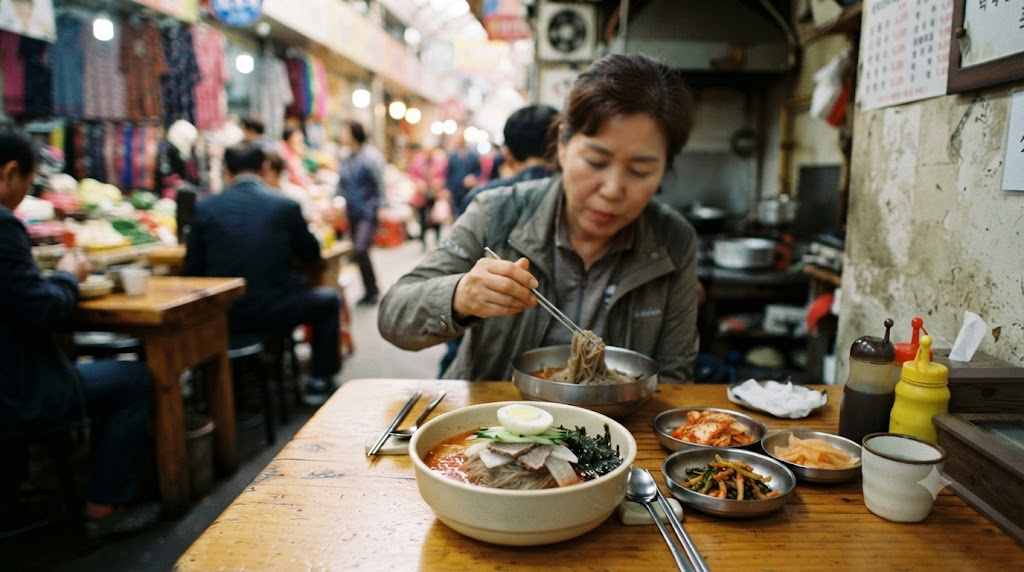 봉평메밀국수 이름 뜻 지역 시장 식당에서 메밀국수를 고르는 장면