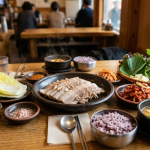 보쌈 이름 뜻 삶은 돼지고기와 배추, 김치, 쌈 재료가 함께 놓인 보쌈 한 상