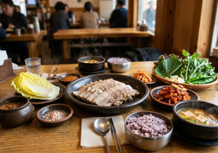 보쌈 이름 뜻 삶은 돼지고기와 배추, 김치, 쌈 재료가 함께 놓인 보쌈 한 상