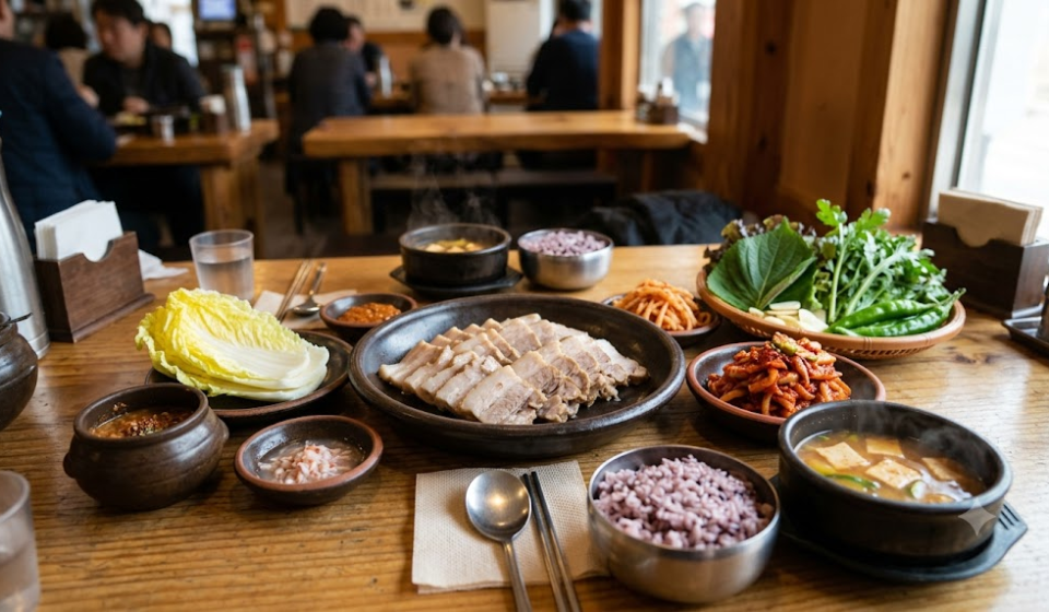 보쌈 이름 뜻 삶은 돼지고기와 배추, 김치, 쌈 재료가 함께 놓인 보쌈 한 상