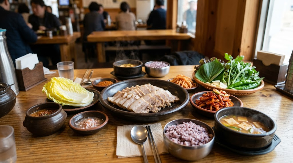 보쌈 이름 뜻 삶은 돼지고기와 배추, 김치, 쌈 재료가 함께 놓인 보쌈 한 상