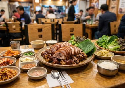 족발 이름 뜻 족발과 반찬이 차려진 한국 식당 테이블