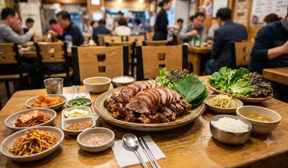 족발 이름 뜻 족발과 반찬이 차려진 한국 식당 테이블