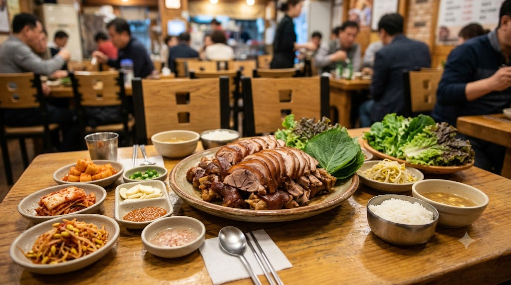 족발 이름 뜻 족발과 반찬이 차려진 한국 식당 테이블
