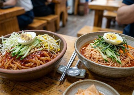 쫄면 비빔국수 분식집 식탁에 쫄면과 비빔국수가 나란히 놓인 모습