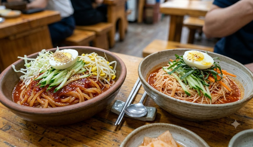 쫄면 비빔국수 분식집 식탁에 쫄면과 비빔국수가 나란히 놓인 모습