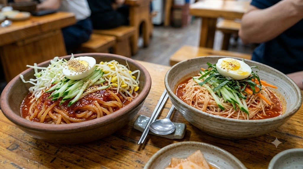 쫄면 비빔국수 분식집 식탁에 쫄면과 비빔국수가 나란히 놓인 모습