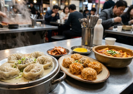 고기만두 이름 뜻 분식집 식탁에 고기만두와 김치만두가 함께 놓인 모습
