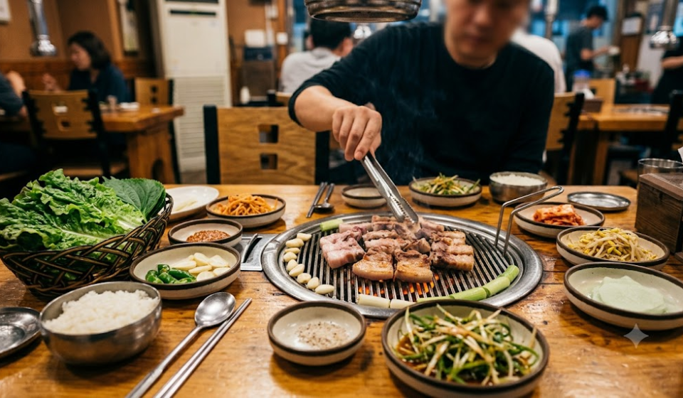 삼겹살 이름 뜻 고깃집 불판 위에서 삼겹살을 굽는 식탁 풍경