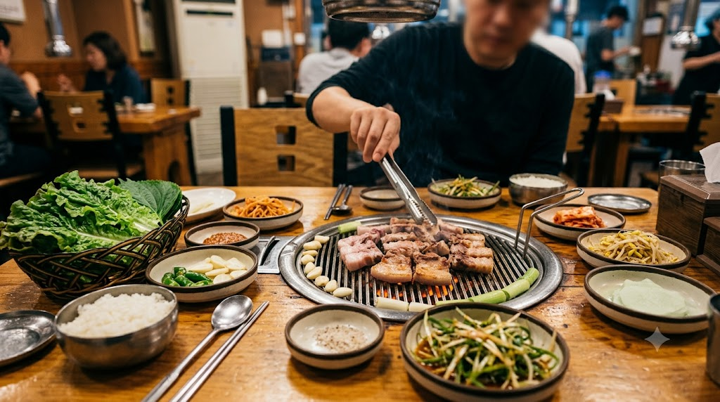 삼겹살 이름 뜻 고깃집 불판 위에서 삼겹살을 굽는 식탁 풍경