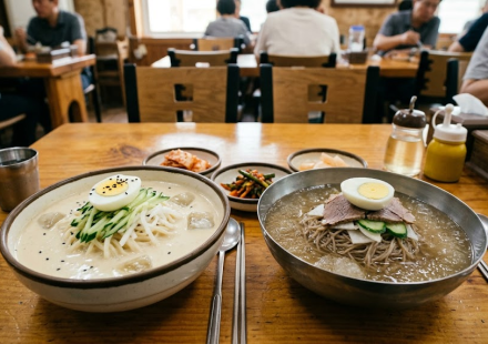 콩국수 냉면 여름 식당에서 콩국수와 냉면이 나란히 놓인 모습