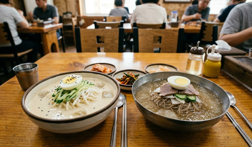 콩국수 냉면 여름 식당에서 콩국수와 냉면이 나란히 놓인 모습