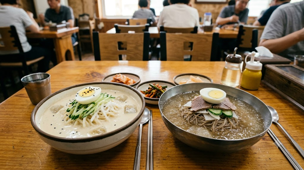 콩국수 냉면 여름 식당에서 콩국수와 냉면이 나란히 놓인 모습