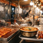 떡꼬치 이름 뜻 분식집에서 떡볶이 옆에 놓인 빨간 양념 떡꼬치