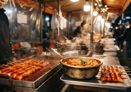 떡꼬치 이름 뜻 분식집에서 떡볶이 옆에 놓인 빨간 양념 떡꼬치