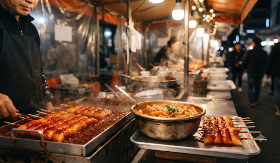 떡꼬치 이름 뜻 분식집에서 떡볶이 옆에 놓인 빨간 양념 떡꼬치