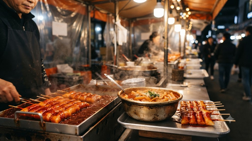 떡꼬치 이름 뜻 분식집에서 떡볶이 옆에 놓인 빨간 양념 떡꼬치