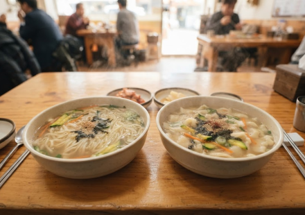 칼국수 수제비 비슷한 국물에 긴 면발과 납작한 반죽이 각각 담긴 칼국수와 수제비