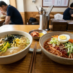 잔치국수 비빔국수 분식집 식탁에 나란히 놓인 잔치국수와 비빔국수
