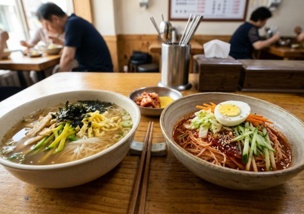 잔치국수 비빔국수 분식집 식탁에 나란히 놓인 잔치국수와 비빔국수