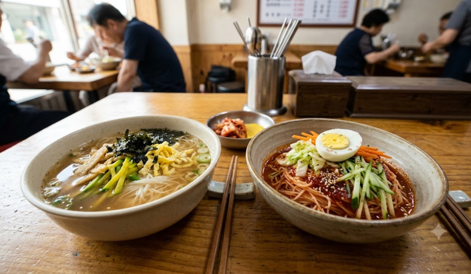 잔치국수 비빔국수 분식집 식탁에 나란히 놓인 잔치국수와 비빔국수