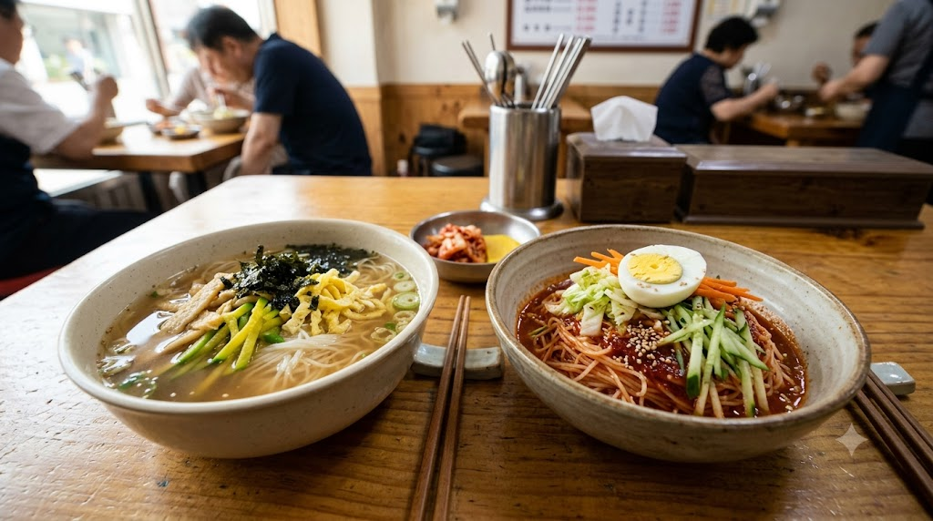 잔치국수 비빔국수 분식집 식탁에 나란히 놓인 잔치국수와 비빔국수