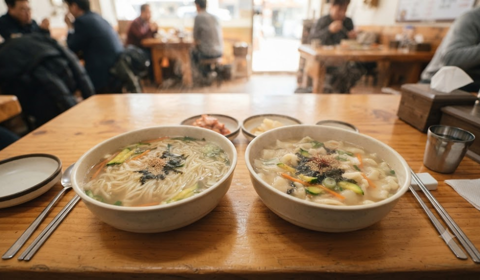 칼국수 수제비 비슷한 국물에 긴 면발과 납작한 반죽이 각각 담긴 칼국수와 수제비