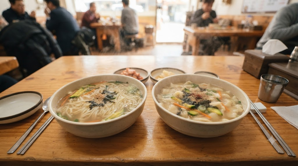 칼국수 수제비 비슷한 국물에 긴 면발과 납작한 반죽이 각각 담긴 칼국수와 수제비