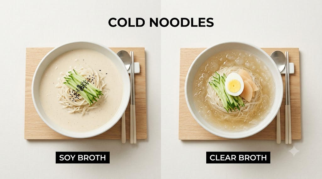 콩국수 냉면 콩국수의 콩국과 냉면의 맑은 육수를 비교한 그림
