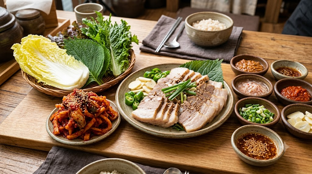 보쌈 이름 뜻 삶은 돼지고기와 김치, 배추, 양념을 함께 차린 현대식 보쌈 구성