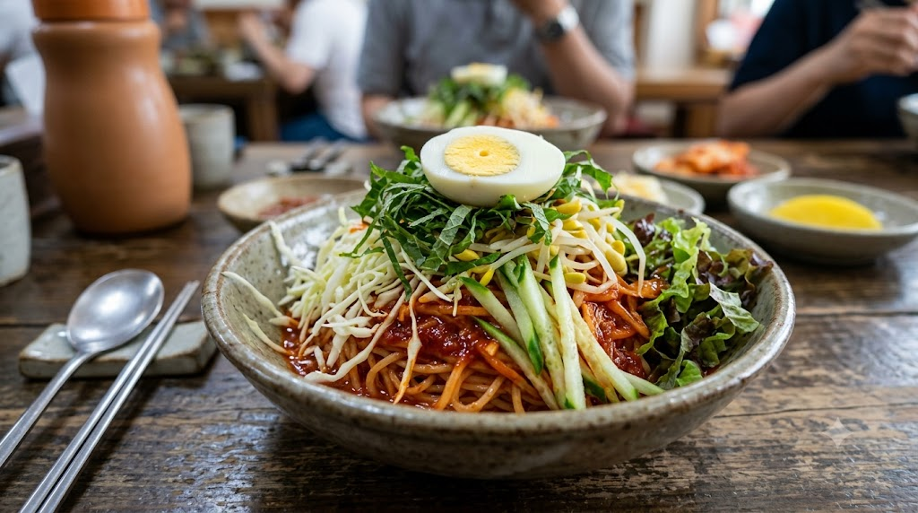 쫄면 비빔국수 오이와 채소, 삶은 달걀을 곁들인 매콤한 비빔 면 요리