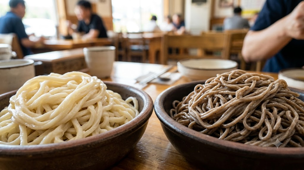 콩국수 냉면 콩국수와 냉면에 쓰이는 서로 다른 면발을 가까이서 본 모습