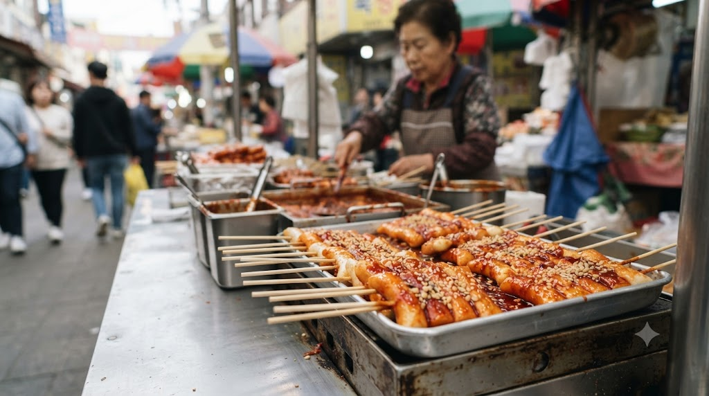 떡꼬치 이름 뜻 길거리 간식 매대에 여러 개 놓인 떡꼬치
