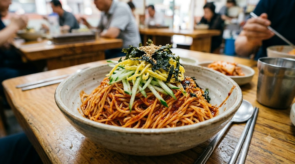 잔치국수 비빔국수 붉은 양념과 채소에 면을 비벼 낸 비빔국수