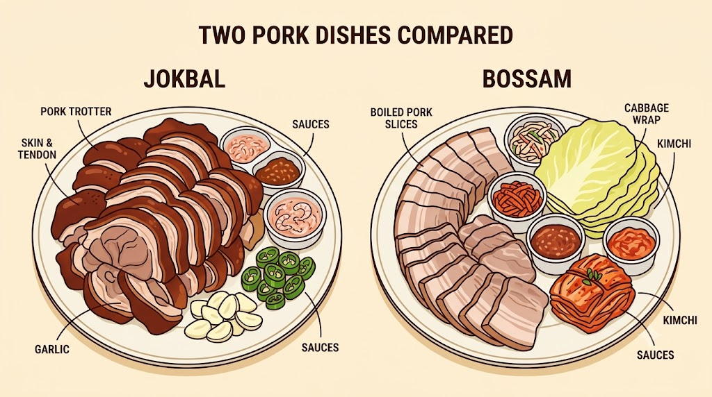 족발 이름 뜻 족발과 보쌈의 재료와 상차림 차이를 비교한 삽화