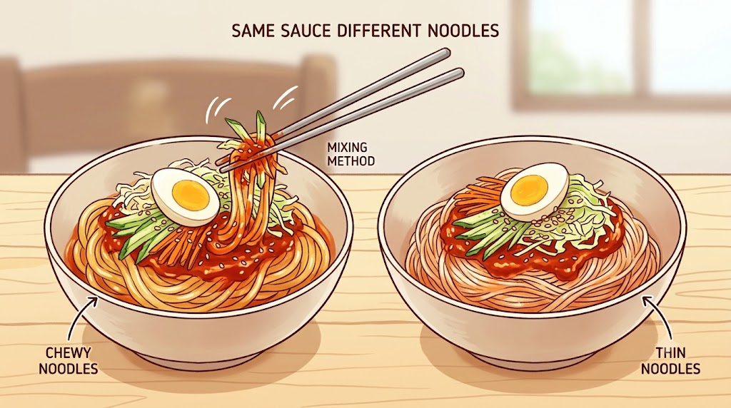 쫄면 비빔국수 비슷한 양념과 고명 속에서 면 종류가 다른 두 비빔 면 요리 삽화