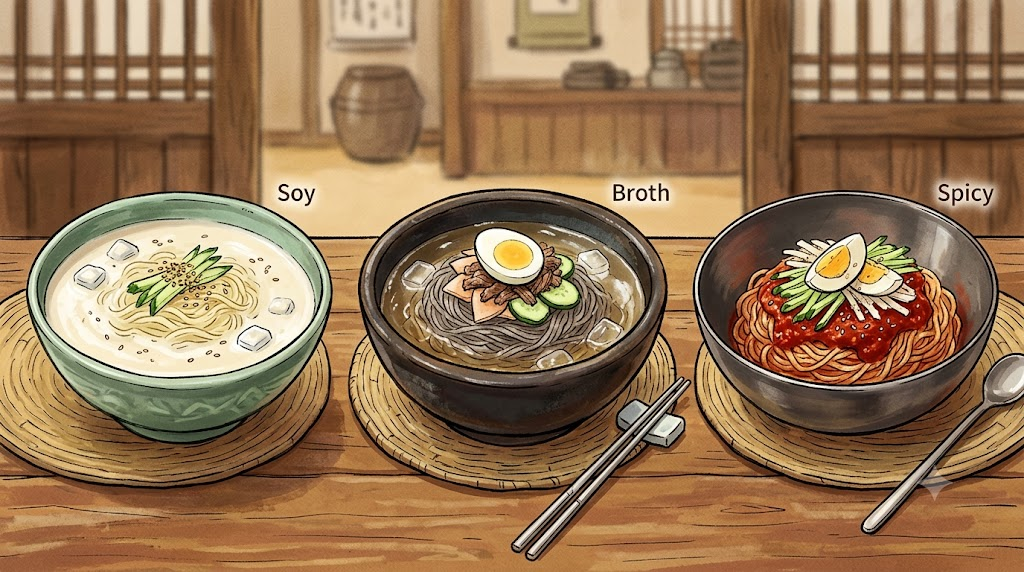 콩국수 냉면 콩국수와 물냉면, 비빔냉면의 차이를 보여 주는 설명 그림