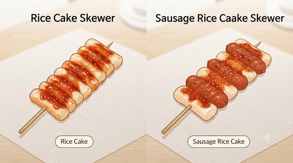 떡꼬치 이름 뜻 떡만 꽂은 꼬치와 소시지와 떡을 번갈아 꽂은 간식을 비교한 그림