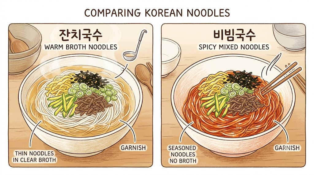 잔치국수 비빔국수 비슷한 고명 아래 국물과 비빔 방식이 다른 두 국수의 비교 삽화