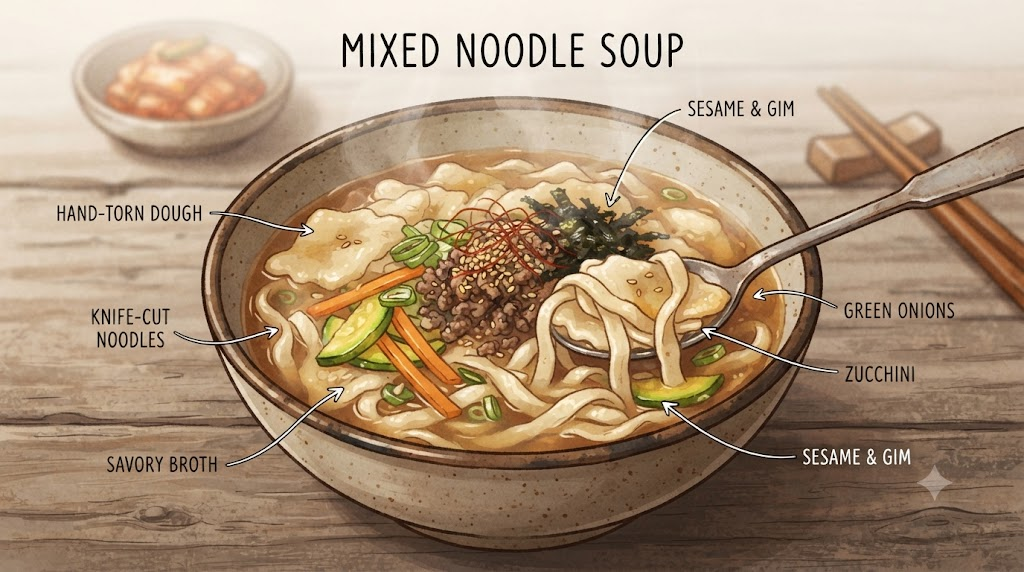 칼국수 수제비 한 그릇 안에 긴 칼국수 면과 납작한 수제비 반죽이 함께 담긴 칼제비 개념