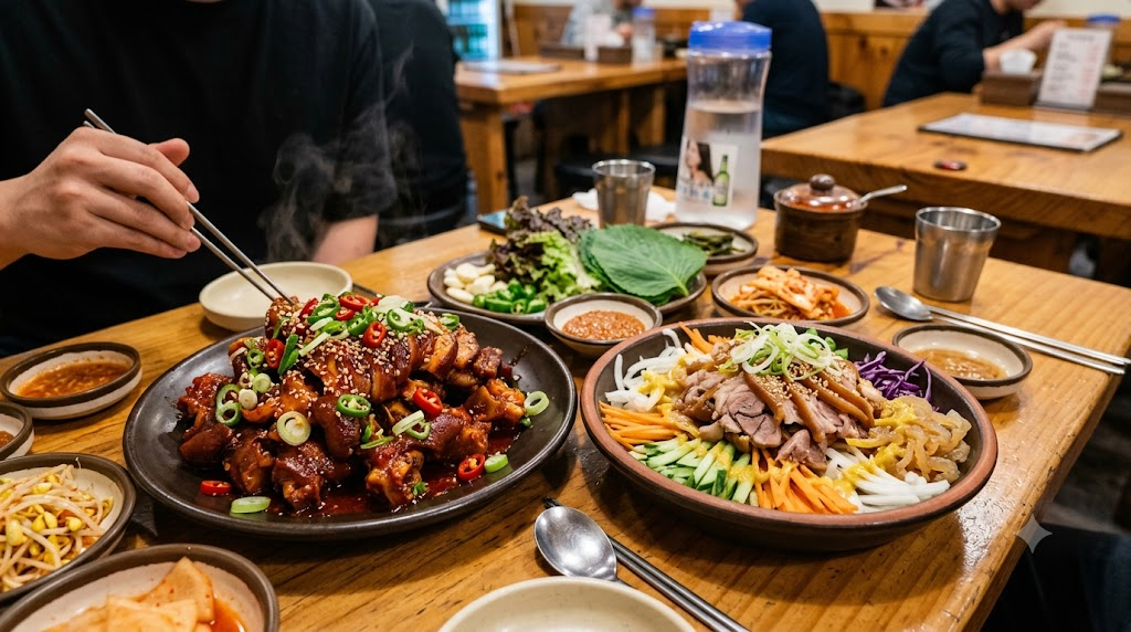 족발 이름 뜻 매운 족발과 냉채족발이 함께 놓인 식당 상차림