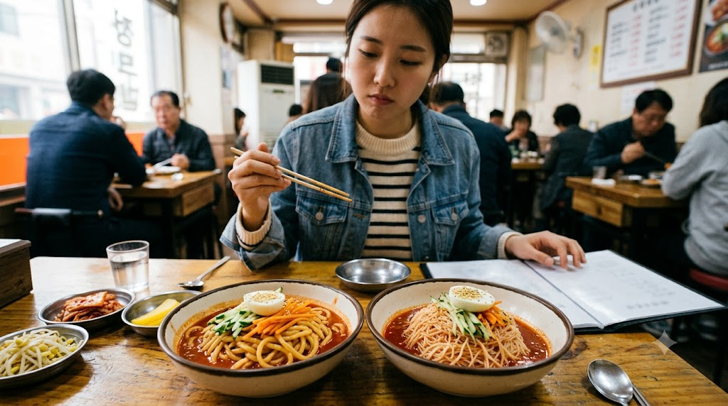 쫄면 비빔국수 분식집에서 쫄면과 비빔국수 가운데 먹고 싶은 면을 고르는 장면