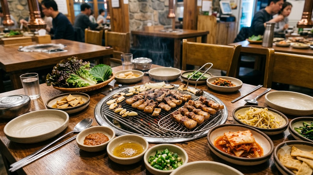 삼겹살 이름 뜻 삼겹살과 쌈 채소가 함께 놓인 고깃집 식탁