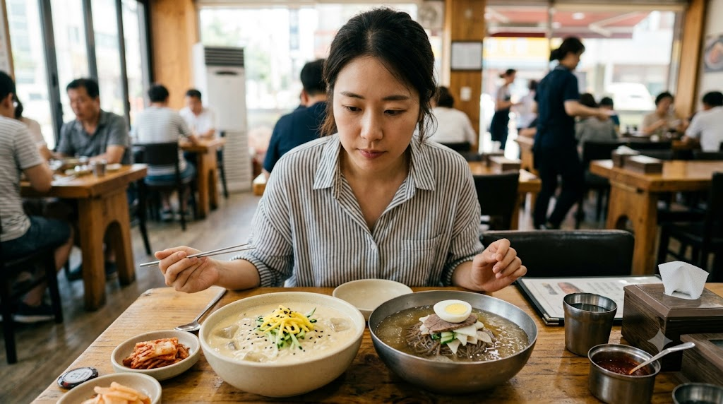 콩국수 냉면 여름 식당에서 콩국수와 냉면을 놓고 메뉴를 고르는 장면