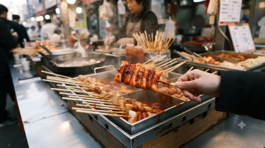 떡꼬치 이름 뜻 간식 코너에서 여러 꼬치 중 떡꼬치를 고르는 모습