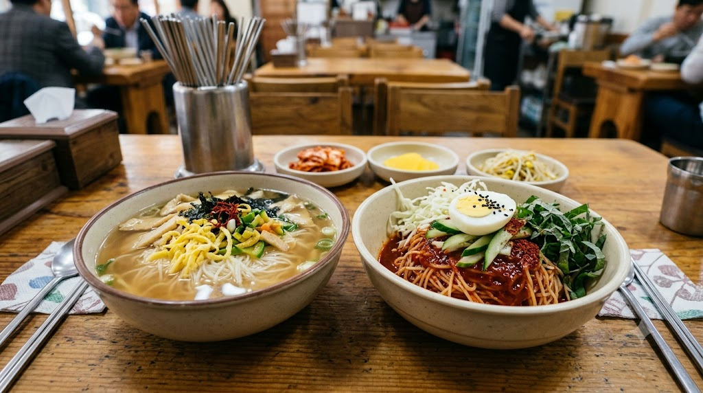 잔치국수 비빔국수 국물 유무가 뚜렷하게 보이는 잔치국수와 비빔국수 한 상